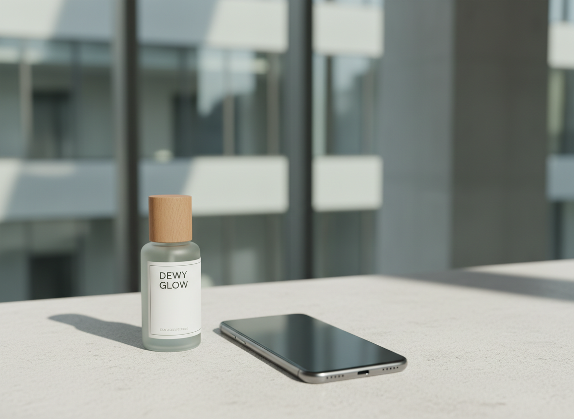 A serene, minimal contact page visual: a single frosted glass skincare bottle and a slim, modern smartphone resting side by side on a pale stone surface, subtly suggesting digital consultation and quick OEM/ODM inquiries. In the background, a softly blurred outline of a building facade hints at a corporate office without being specific. Cool, diffused daylight from a nearby window casts long, soft shadows, creating depth without clutter. The composition follows the rule of thirds, leaving generous negative space at the top for overlaying contact details. The mood is calm, approachable, and premium, with a neutral palette, photographic realism, and clean lines that align with a professional yet warm Taiwanese skincare brand aesthetic.