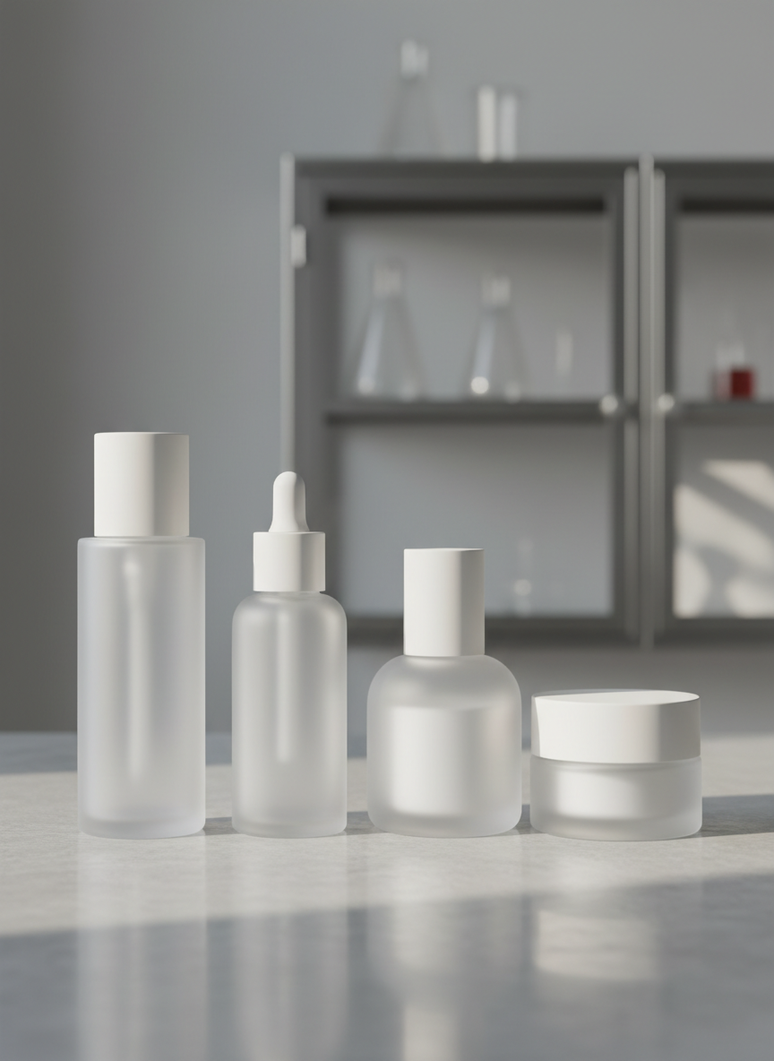 A minimalist lineup of Anlac skincare bottles and jars in frosted glass with soft matte white caps, arranged with precise spacing on a pale grey stone surface. In the background, an out-of-focus hint of a clean laboratory shelf, stainless steel and glass subtly visible to suggest R&D. Soft, diffused daylight from the left creates gentle reflections on the glass and delicate shadows, emphasizing purity and transparency. The mood is calm, luxurious, and clinical yet warm, with a photographic realism and high-end counter-like aesthetic. Shot at eye level with a shallow depth of field, the central focus is on the products’ textures and clean silhouettes, with no text or logos visible, conveying a sophisticated, premium skincare brand identity.