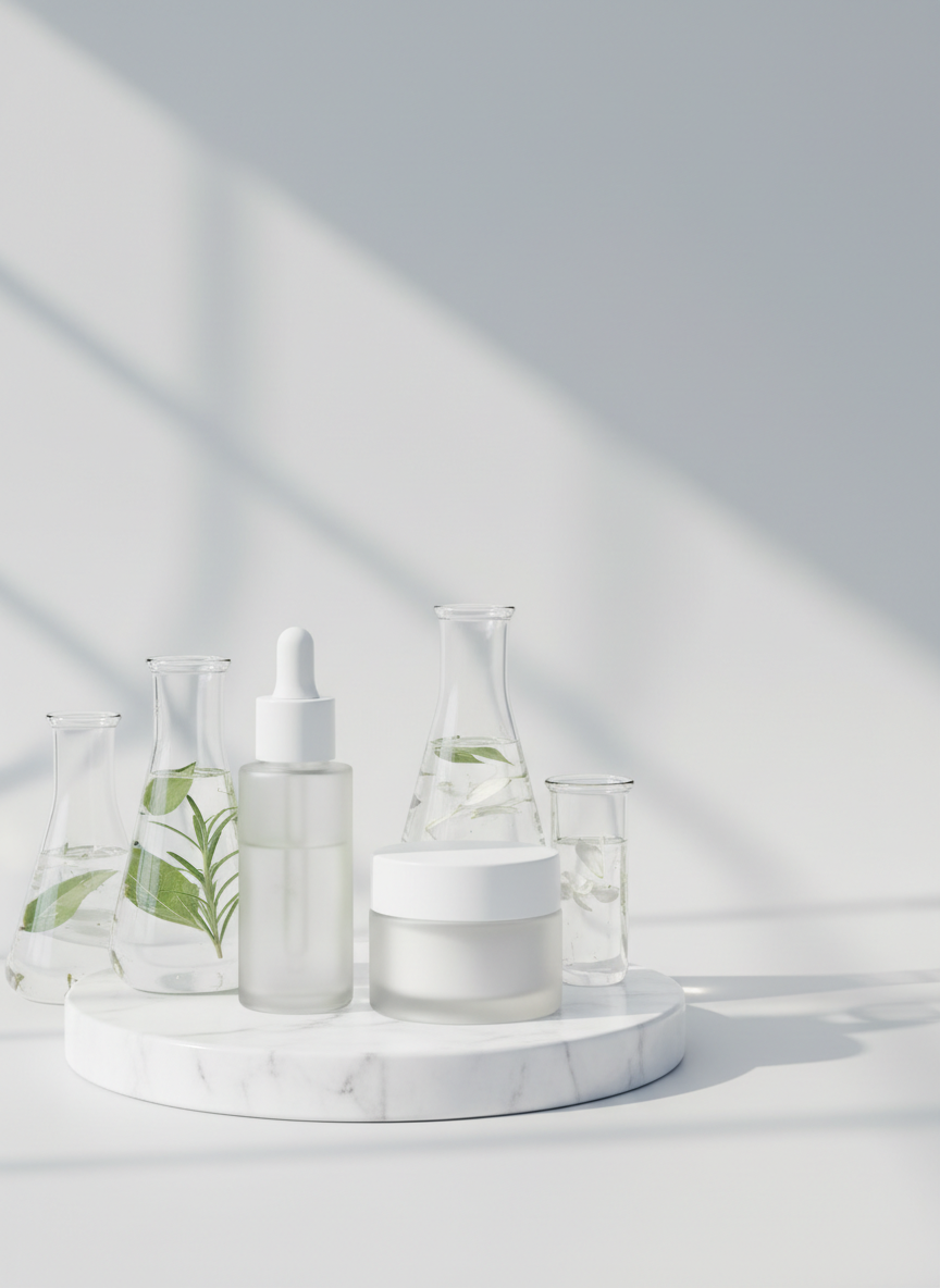 An elegant hero composition for a skincare homepage banner: a single frosted glass serum bottle and matching cream jar, resting on a white marble pedestal surrounded by a few transparent beakers holding clear liquid and botanical extracts. The background fades into a soft, light grey gradient with a subtle suggestion of a cleanroom window. Gentle studio lighting from above and slightly behind creates a halo-like glow, with soft highlights on glass edges and muted shadows for depth. The mood is ultra-clean, scientific, and premium, evoking a luxury beauty counter. Photographic realism, shot from a slightly elevated angle with negative space on the right for potential overlay content, reinforcing minimalism and ingredient transparency.