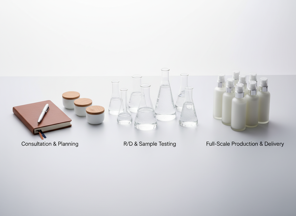 A visual flow depiction of the OEM/ODM skincare manufacturing process using still-life objects instead of icons: on the left, a closed leather notebook and blank sample jars symbolize consultation; in the center, clear glass beakers with varying viscosities of transparent and milky formulas represent R&D and sample testing; to the right, a small group of identical frosted bottles lined in a row suggests full-scale production and delivery. All items sit on a continuous light grey surface against a soft white backdrop. Diffused studio lighting from above creates clear yet gentle shadows, reinforcing a structured, step-by-step feeling. Photographic realism with a slightly elevated angle and a balanced, linear composition conveys clarity, flexibility in MOQ, and a precise, professional OEM/ODM service journey.