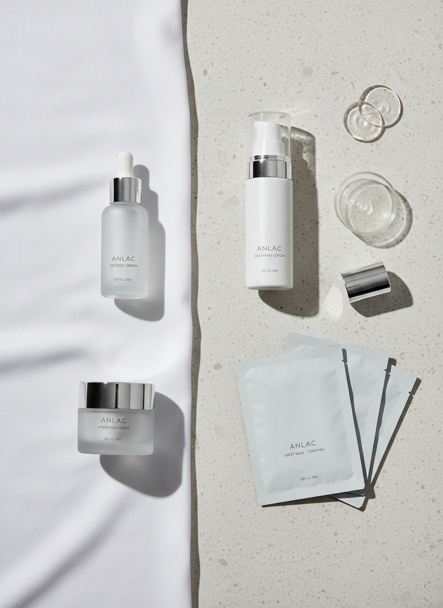 A neatly organized flat lay showing four distinct Anlac skincare product categories: a sleek dropper bottle for serum, a low-profile cream jar, a slim lotion bottle, and a set of folded sheet masks in minimalist sachets. They are arranged on a soft white fabric and light stone background, separated into clear quadrants to visually represent different lines: essences, creams/lotions, masks, and cleansers. Nearby, small glass dishes display transparent gels and milky emulsions, hinting at texture and ingredient clarity. Soft, indirect daylight from the top of the frame creates a serene atmosphere with gentle shadows. Shot from directly overhead, the composition is clean and balanced, evoking a refined, modern product catalog for a skincare brand website.