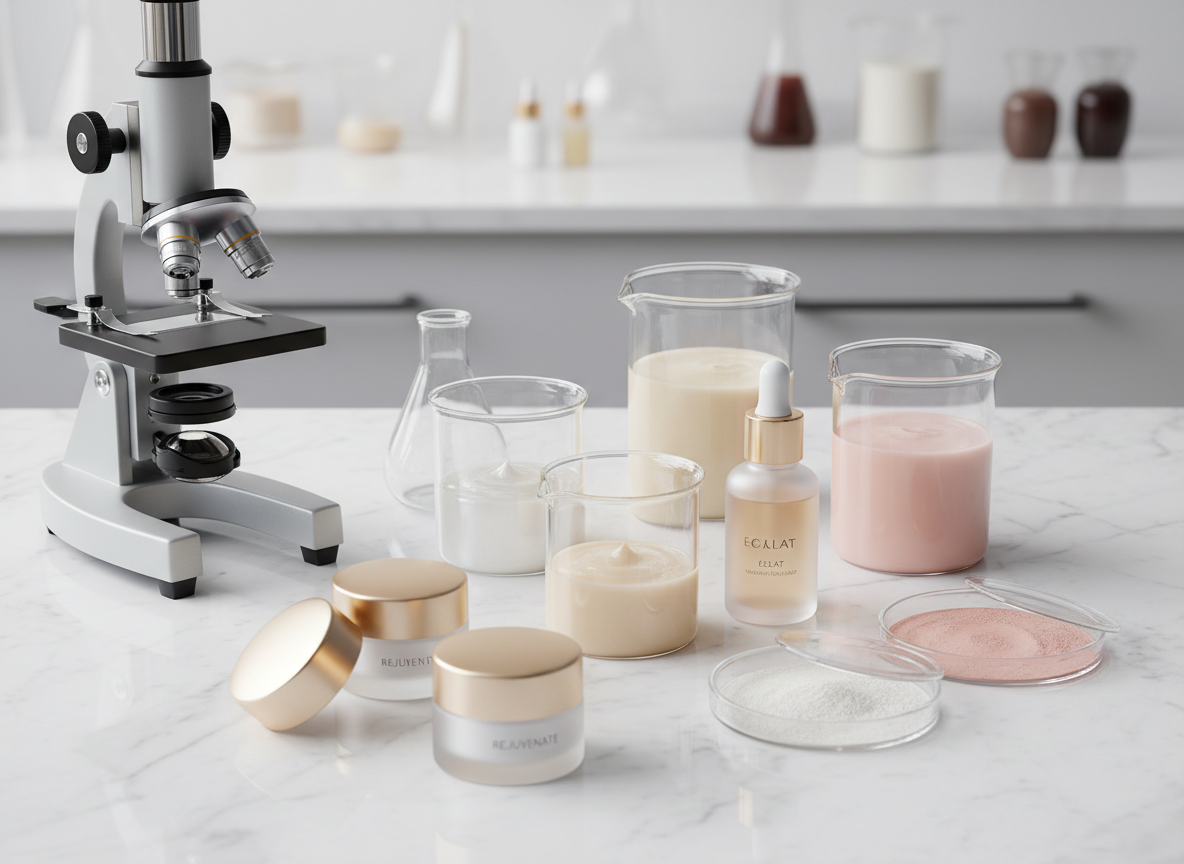 A high-end cosmetic research and development laboratory scene with no people. Close-up still-life of professional lab equipment: glass beakers containing various skincare formulas in shades of white, cream, and blush pink, a dropper bottle with serum, petri dishes with powder pigments, a microscope, and elegant frosted cosmetic jars on a clean white marble surface. Soft diffused studio lighting, luxury beauty brand aesthetic, photographic realism, sophisticated and scientific atmosphere.
